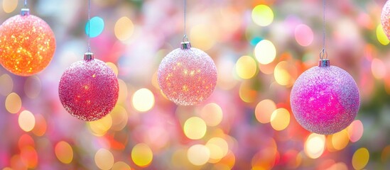 Poster - Closeup of sparkling decorative ornaments hanging from a tree surrounded by colorful bokeh background lights for festive occasions