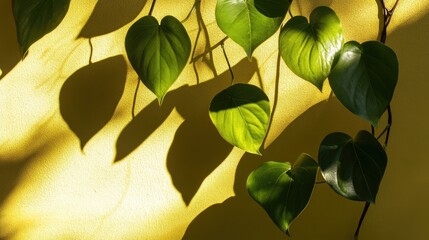 Poster - Green leaves creating intricate shadows against a vibrant yellow background in a natural light setting