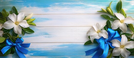 Poster - Jasmine flower arrangement with blue ribbons on a white and blue wooden backdrop creating a fresh and inviting atmosphere