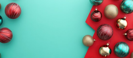 Aufkleber - Vibrant flat lay of festive holiday decorative balls in green red and gold on a turquoise backdrop perfect for New Year greeting card design