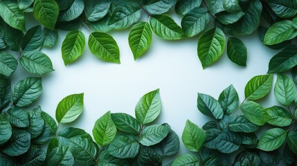 Poster - Lush green leaves and branches creating a natural frame against a soft white background for a fresh and vibrant botanical aesthetic