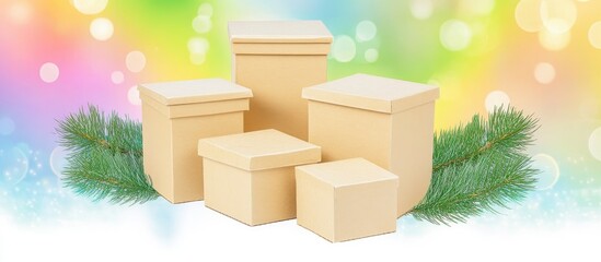 Aufkleber - Cardboard gift boxes arranged with a fir branch on a vibrant rainbow bokeh background perfect for festive seasonal themes
