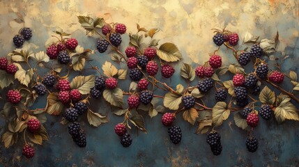 Poster - Lush blackberry shrub with clusters of ripe berries in shades of deep purple and red against a textured gold and blue background, botanical, fruit, agriculture, vibrant colors.