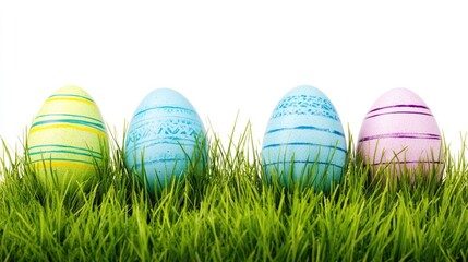 Poster - Colorful Easter eggs arranged in vibrant green grass against a clean white backdrop, perfect for spring celebrations, seasonal decor, tradition, holiday, festive.