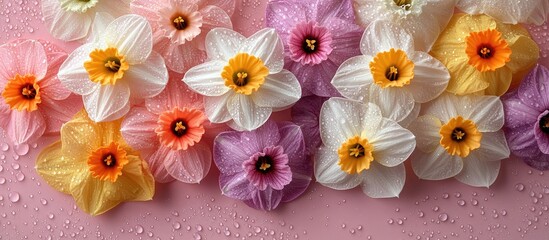 Poster - Colorful floral backdrop with daffodils and hyacinths featuring water droplets and soft focus ideal for text overlay and design projects