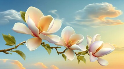 Poster - Magnificent open magnolia blossoms against a vibrant sky perfect for springtime decoration and floral themes in art and design.