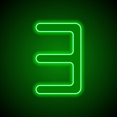 Wall Mural - Number three, numeral simple icon vector. Flat design. Green neon on black background with green light