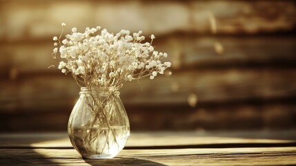 Poster - Minimalist dried gypsophila flowers in glass vase on wooden table with warm morning light creating a serene Scandinavian ambiance for text space
