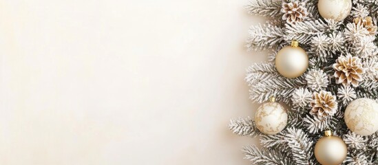 Poster - Winter holiday backdrop featuring a beautiful Christmas tree with elegant decorations and blank space for text or designs.