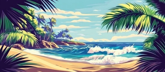 Aufkleber - Tropical beach scene with palm trees and ocean waves ideal for summer vacation and holiday travel promotions