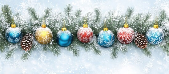 Poster - Colorful Christmas ornaments arranged on a festive evergreen wreath adorned with snowflakes and pinecones against a winter backdrop.
