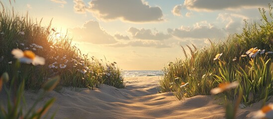 Aufkleber - Serene beach landscape under a bright sun with fluffy clouds and vibrant wildflowers at sunset