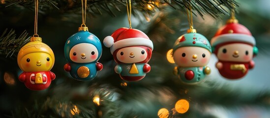 Poster - Colorful Christmas ornaments hanging from a tree creating a festive holiday atmosphere with lights and cheerful decorations