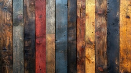 Poster - Colorful wooden texture backdrop featuring vertical planks in various shades, ideal for design and decoration projects, woodworking, rustic style, background.