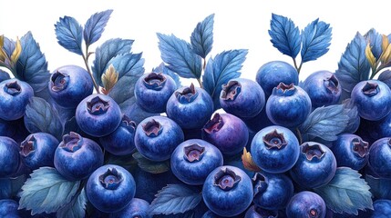 Aufkleber - Fresh blueberries clustered with vibrant green leaves on a crisp white background, emphasizing texture and color contrast, healthy eating, nature, organic produce, still life.