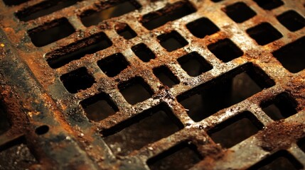 Poster - Rusty steel grating on floor with intricate patterns showcasing age and wear in industrial or urban settings