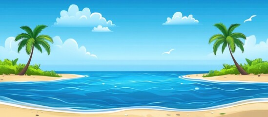 Aufkleber - Vibrant tropical beach scene with clear sea water coconut trees and blue sky ideal for travel and nature themes