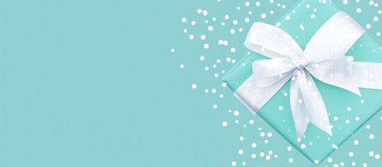 Poster - Gift box with white ribbon on blue background adorned with white dots empty space for text in mockup festive presentation design