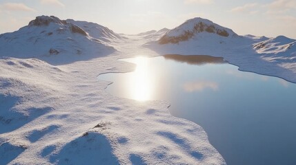 Poster - Aerial view of a serene snowy glacier with a reflective lake surrounded by mountains under a clear sky