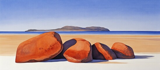 Aufkleber - Westward beach view showcasing vibrant rocks in the foreground and an island on the horizon under a clear sky.
