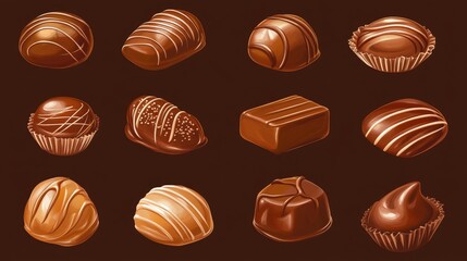 Poster - Assorted gourmet chocolate candies arranged on a dark background perfect for dessert promotions and culinary marketing campaigns