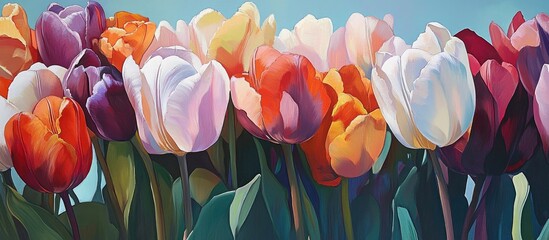 Poster - Vibrant bouquet of colorful tulips with a blank greeting card against a soft blue background for floral celebration or appreciation messages