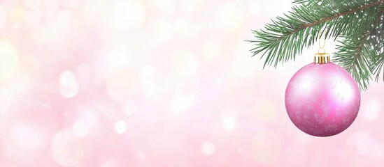 Aufkleber - Festive Christmas backdrop with fir tree branch adorned with pink ornaments and soft bokeh lighting effect for seasonal decoration.