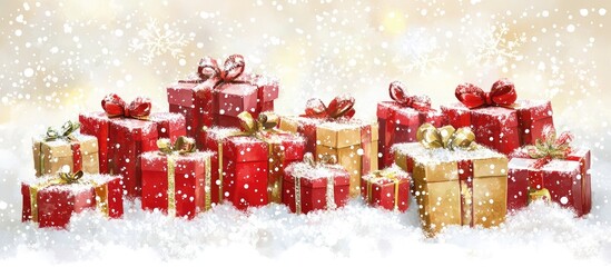 Poster - Festive Christmas Gift Boxes in Snowy Winter Wonderland with Soft Snowfall and Holiday Cheer