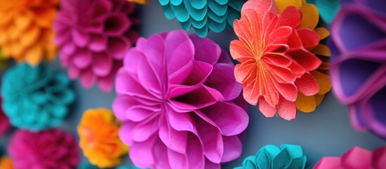 Aufkleber - Vibrant decorative backdrop with intricate paper flowers in various colors for festive celebrations and events