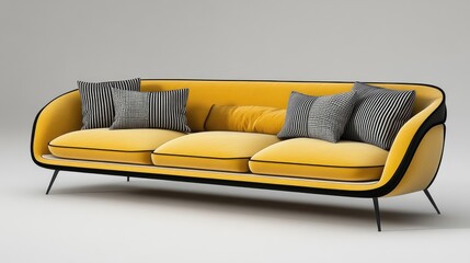 Aufkleber - Stylish yellow modern sofa adorned with black and white striped pillows against a soft gray backdrop for contemporary interior design showcase