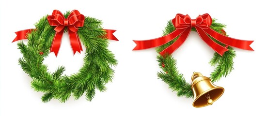 Aufkleber - Green wreath and golden bell with red ribbons on a white background festive decoration for holiday celebrations and seasonal events