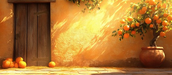 Aufkleber - Cinnamon and oranges rustic backdrop with warm sunlight and vibrant orange tree create a cozy and inviting atmosphere for design projects