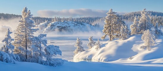 Poster - Winter landscape with frozen lake surrounded by snow-covered trees under a clear blue sky in a serene outdoor setting.