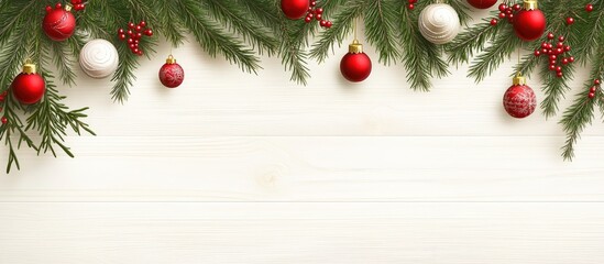 Poster - Christmas background with festive branches, red and white ornaments, creating a warm and inviting holiday atmosphere.
