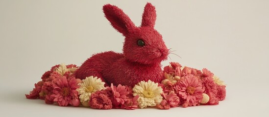 Poster - Charming red bunny nestled among vibrant spring flowers on a soft off-white background ideal for Easter decorations and seasonal themes