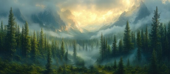 Aufkleber - Majestic landscape of misty mountains and lush forests under a dramatic sky showcasing the serene beauty of nature and travel exploration