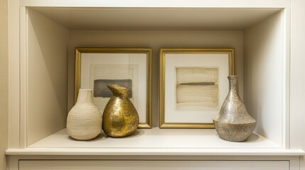 Poster - Contemporary home decor with cream framed art and stylish decorative vases in a modern interior setting