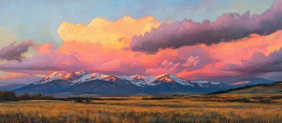 Poster - Majestic Sunset Clouds Over Snow-Capped Mountains and Golden Grassland Landscape