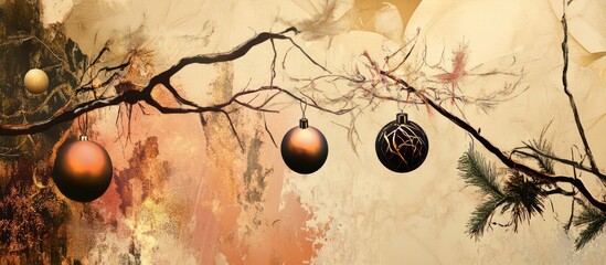 Aufkleber - Festive Christmas ornaments hanging from tree branches with an artistic abstract background showcasing warm tones and textures