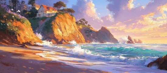 Poster - Serene coastal sunset illuminating vibrant cliffs and gentle waves, creating a picturesque seascape at dusk.