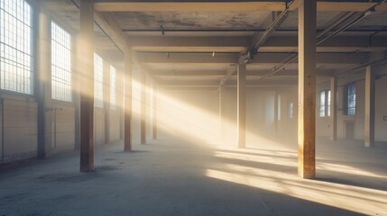 Poster - Dust and dirt illuminated by sunlight on a spacious cement floor in an industrial interior setting