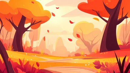 Aufkleber - Vibrant autumn landscape with colorful trees and falling leaves in a serene forest path setting