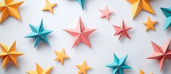 Aufkleber - Colorful handmade paper stars on a white backdrop for a festive flat lay eco-friendly DIY decoration zero waste idea