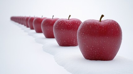Poster - Red apples arranged in a seamless line on a white backdrop creating a minimalist and vibrant visual effect.