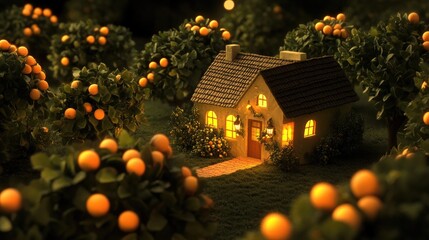 Poster - Aerial view of a cozy illuminated house surrounded by lush fruit trees at night in a serene landscape