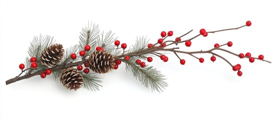 Poster - Christmas decoration with red berries pine cones and fir twigs arranged elegantly on a white background for festive seasonal design
