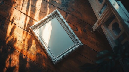 Poster - Vintage empty frame on rustic wooden floor with soft sunlight creating shadows ideal for photo placeholder or art mockup use.
