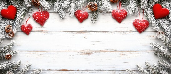 Aufkleber - Festive Christmas background with decorated fir tree and red hearts on white wooden board creating a cozy holiday atmosphere with space for text