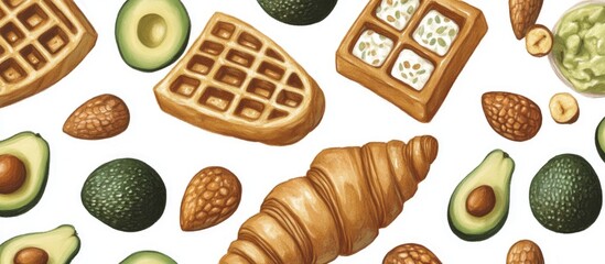 Poster - Breakfast spread with avocado toast oatmeal waffles and croissants on a clean white background for healthy eating concept