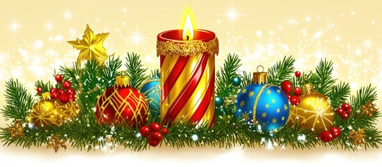 Aufkleber - Festive Christmas decoration with a candle, fir branches, colorful baubles, and sparkling lights on a warm background